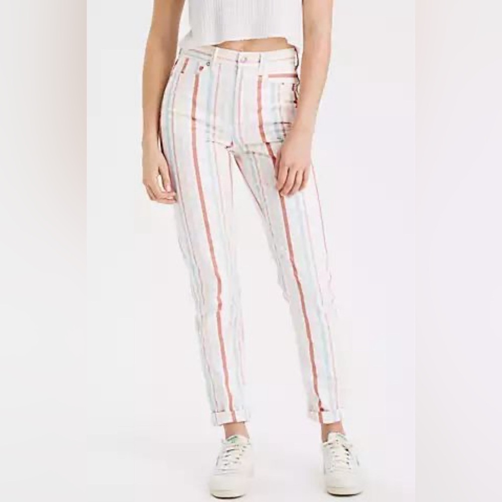 American Eagle High Rise Retro Stripe Mom Jean Pants Size 2 Short